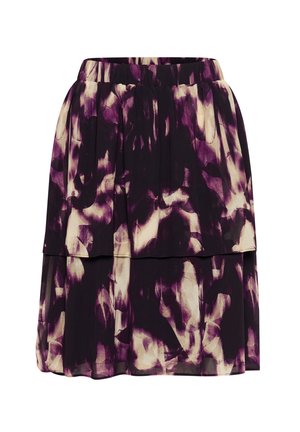 Paars en crème gelaagde rok van lichtgewicht stof, met een abstract patroon en een elastische tailleband voor comfort.