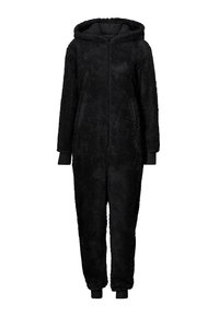 Zwarte, fluffy onesie met een capuchon, volledige rits aan de voorkant en zijzakken. Heeft rib gebreide boorden en een zachte, gestructureerde stof.