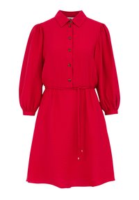 Robe rouge avec un devant boutonné, un col et des manches bouffantes. Dispose d'une taille nouée et d'un tissu texturé pour plus de détails.