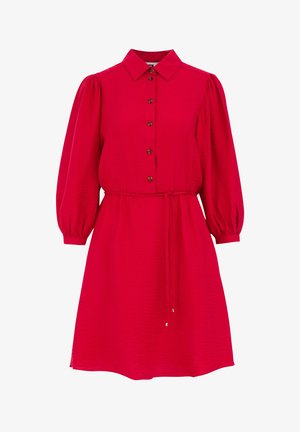 Red dress with a button-down front, collar, and puff sleeves. Features a tied waist and textured fabric for added detail.