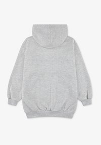 Sweatshirt com capuz cinza claro, de textura suave, ajuste oversized e punhos e cintura canelados. Sem logótipos ou padrões visíveis.