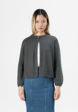 Kvinne med langt, rett hår iført en grå strikket cardigan med en enkelt knapp og et blått denimskjørt, som står foran en hvit bakgrunn.
