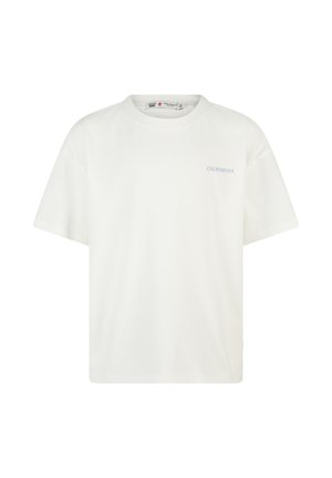 Wit T-shirt met korte mouwen en ronde hals, met kleine tekst "CALIFORNIA" op de linkerborst, eenvoudig ontwerp.