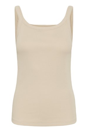 Bézs bordázott ujjatlan felső széles vállpántokkal és négyzet alakú nyakkivágással, alkalmi viseletre tervezve.