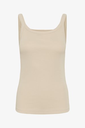 Bež rebrasti top s širokim naramenicama i kvadratnim izrezom, dizajniran za svakodnevno nošenje.