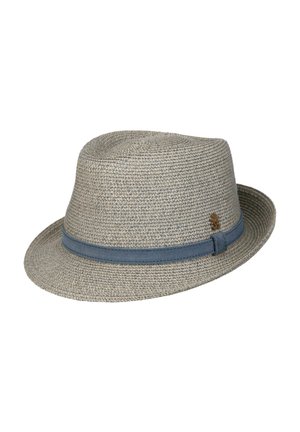 Light gray woven fedora hat with a blue fabric band and small brown emblem on the side, displayed on a white background.