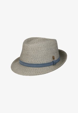 Light gray woven fedora hat with a blue fabric band and small brown emblem on the side, displayed on a white background.