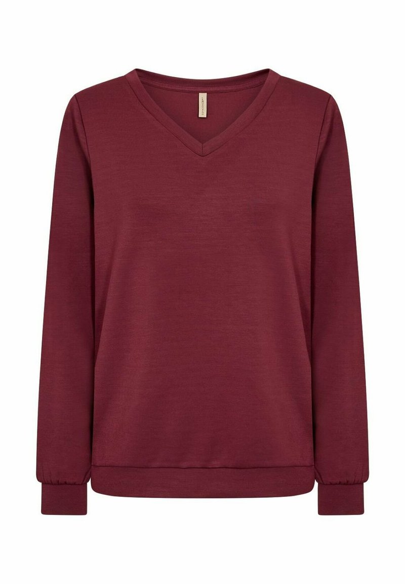 Pullover bordeaux a maniche lunghe con scollo a V, realizzato in tessuto liscio. Presenta polsini e orlo a coste per un look aderente. Nessun motivo o decorazione.