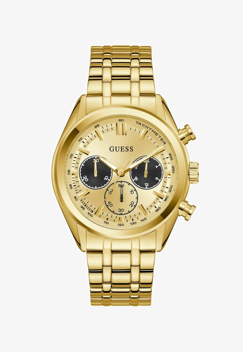 Gold-tone Guess wristwatch featuring a round face with black sub-dials, three chronograph buttons, and a linked metal band.