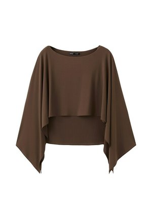Blusa marrón suelta de manga larga y corta con mangas anchas tipo murciélago y escote redondo.