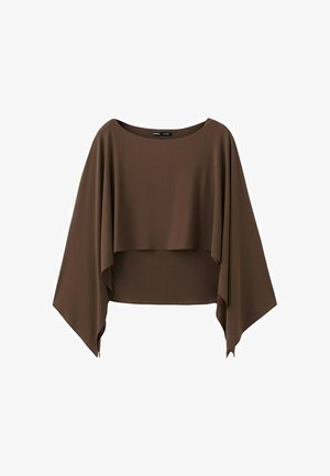 Loose brown long-sleeve cropped blouse with wide batwing sleeves and a round neckline.