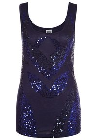 Top in tessuto navy con scollo a barca, decorato con paillettes blu e nere che formano un motivo geometrico sulla parte anteriore. Texture del tessuto morbida.