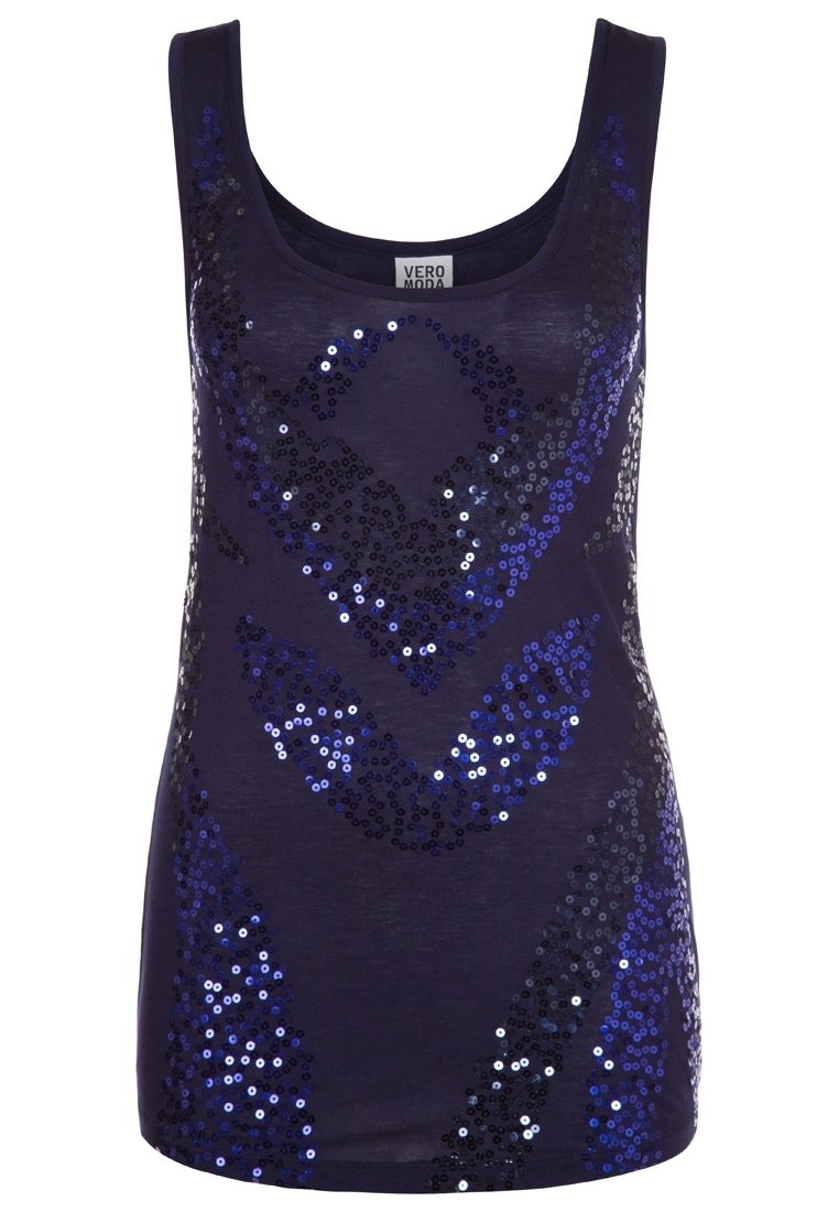 Top in tessuto navy con scollo a barca, decorato con paillettes blu e nere che formano un motivo geometrico sulla parte anteriore. Texture del tessuto morbida.