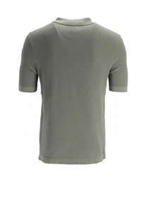Polo en tricot à manches courtes vert olive clair, vu de dos, avec un motif texturé et des poignets et ourlet côtelés.
