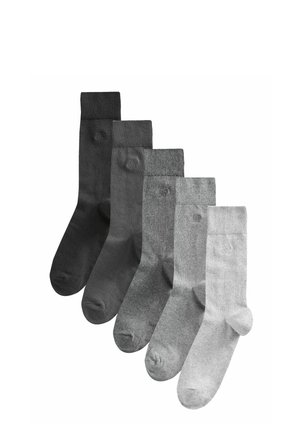 Five pairs of socks in shades of black, dark gray, medium gray, and light gray, featuring a ribbed top and subtle logo detail.