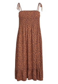 Robe d'été en brun avec imprimé floral, bretelles ajustables à nouer, corsage smocké et ourlet froncé, fabriquée en tissu léger.