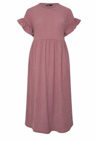 Abito midi rosa a coste con maniche corte a volant e vita aderente, caratterizzato da un colletto rotondo e una gonna fluida.