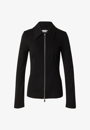 Schwarze taillierte Jacke mit langen Ärmeln, breitem Kragen und silbernem Reißverschluss vorne.