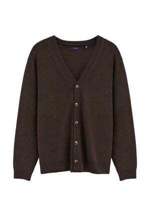 Cárdigan marrón oscuro abotonado, con cuello en V, mangas largas, puños y bajo acanalados, de la marca Polo Club.