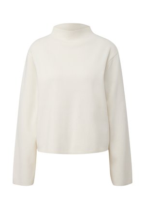 Pull col roulé crème avec des manches longues, texture côtelée et coupe décontractée. Fabriqué à partir d'un tissu doux et confortable. Design simple et minimaliste.