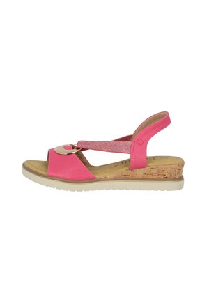 Roze wedge sandalen met een kurken hak,open teen en een metallic accent. Voorzien van verstelbare banden en een gestructureerde binnenzool voor comfort.