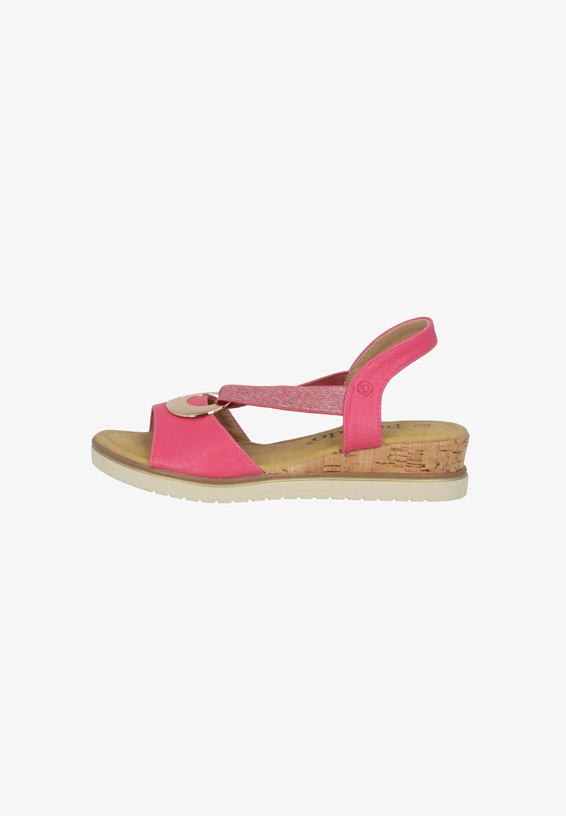 Roze wedge sandalen met een kurken hak,open teen en een metallic accent. Voorzien van verstelbare banden en een gestructureerde binnenzool voor comfort.