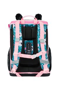 Bunter Kinder-Rucksack mit floralem Muster und Panda-Grafiken, pinken Trägern und Details aus schwarzem Mesh. Weiche Pompon-Akzente oben.