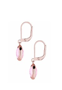 Rosaguld dråbeøreringe med en facetteret lyserød krystal og en rund base, designet med en hængslet lukning for sikker bæring.