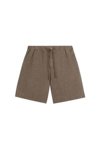 Brune linnedshorts med elastisk talje, snor og en enkelt knaplukning. Har to sidelommer og en afslappet pasform.