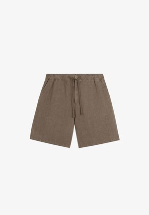 Braune Leinenkurze mit einem elastischen Bund, Kordelzug und einem einzelnen Knopfverschluss. Verfügt über zwei Seitentaschen und einen lässigen Schnitt.