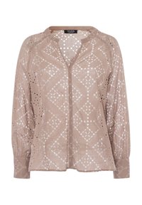 Lichtbruine shirt met een geometrisch uitgesneden patroon. Lange mouwen, kraag en knoopsluiting, gemaakt van een doorschijnende stof.