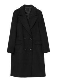 Cappotto doppiopetto in misto lana nero con colletto a rever, tasche laterali e sei bottoni neri. Texture liscia e design lungo fino al ginocchio.