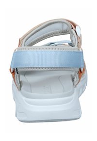 Adjustable back strap sandals in light gray, orange, and blue. Features textured straps and a white cushioned sole for comfort.