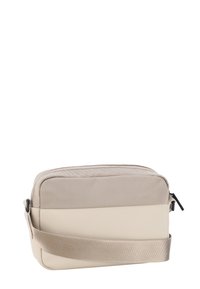Borsa a tracolla beige con sezione superiore testurizzata e sezione inferiore liscia, dotata di una tracolla resistente e chiusura a zip.