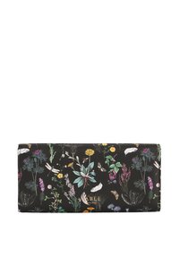 Black leather wallet with colorful floral and botanical print. Features gold logo and a textured surface. Compact rectangular shape.