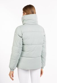 Jachetă puffer de culoare verde deschis cu guler înalt, manșete din material elastic și panouri cusute. Textură netedă și strălucitoare, cu un croi lejer.