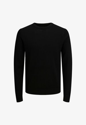 Zwarte pullover trui van zachte stof, met een ronde halslijn, lange mouwen en geribde manchetten en zoom. Klassiek, onversierd ontwerp.