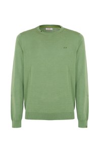 Maglione verde chiaro a maniche lunghe in morbido cotone, con colletto a girocollo, polsini a coste e un piccolo logo ricamato sul petto.