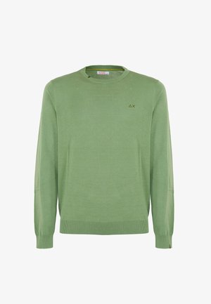 Maglione verde chiaro a maniche lunghe in morbido cotone, con colletto a girocollo, polsini a coste e un piccolo logo ricamato sul petto.