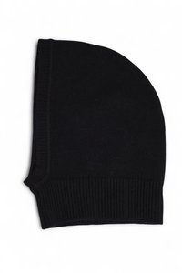 Black knit beanie with a rounded top, ribbed cuff, and soft texture. The design features a solid color without any patterns or embellishments.