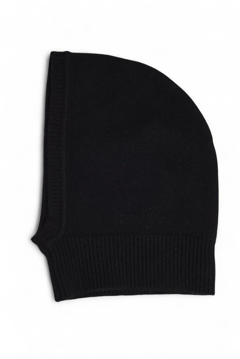 Black knit beanie with a rounded top, ribbed cuff, and soft texture. The design features a solid color without any patterns or embellishments.