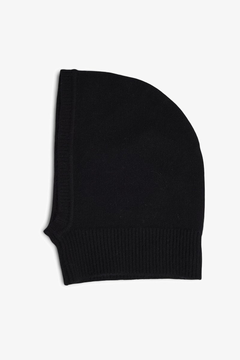 Black knit beanie with a rounded top, ribbed cuff, and soft texture. The design features a solid color without any patterns or embellishments.