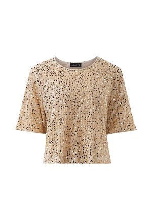 Beige Kurzarmoberteil, bedeckt mit goldenen und schwarzen Pailletten. Verfügt über einen runden Ausschnitt und einen weichen, strukturierten Stoff. Geeignet für den Freizeitgebrauch.