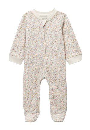 Body bébé blanc avec petit imprimé floral multicolore, manches longues et fermeture éclair à l'avant, doté de poignets et col côtelés.