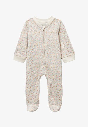 Body bébé blanc avec petit imprimé floral multicolore, manches longues et fermeture éclair à l'avant, doté de poignets et col côtelés.