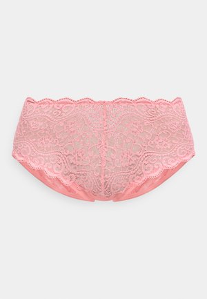 Lyserødt blonder undertøj til kvinder med blomsterprint og bølgekant, vist fladt på en hvid baggrund.