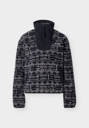 Czarnobiały polarowy pulower z wysokim kołnierzem i zamkiem z przodu, z elastycznymi mankietami i logo Columbia Sportswear na piersi.