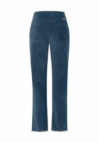 Pantalon en velours côtelé bleu à jambes droites, vu de dos, avec deux poches plaquées et des ourlets bruts effilochés aux chevilles.