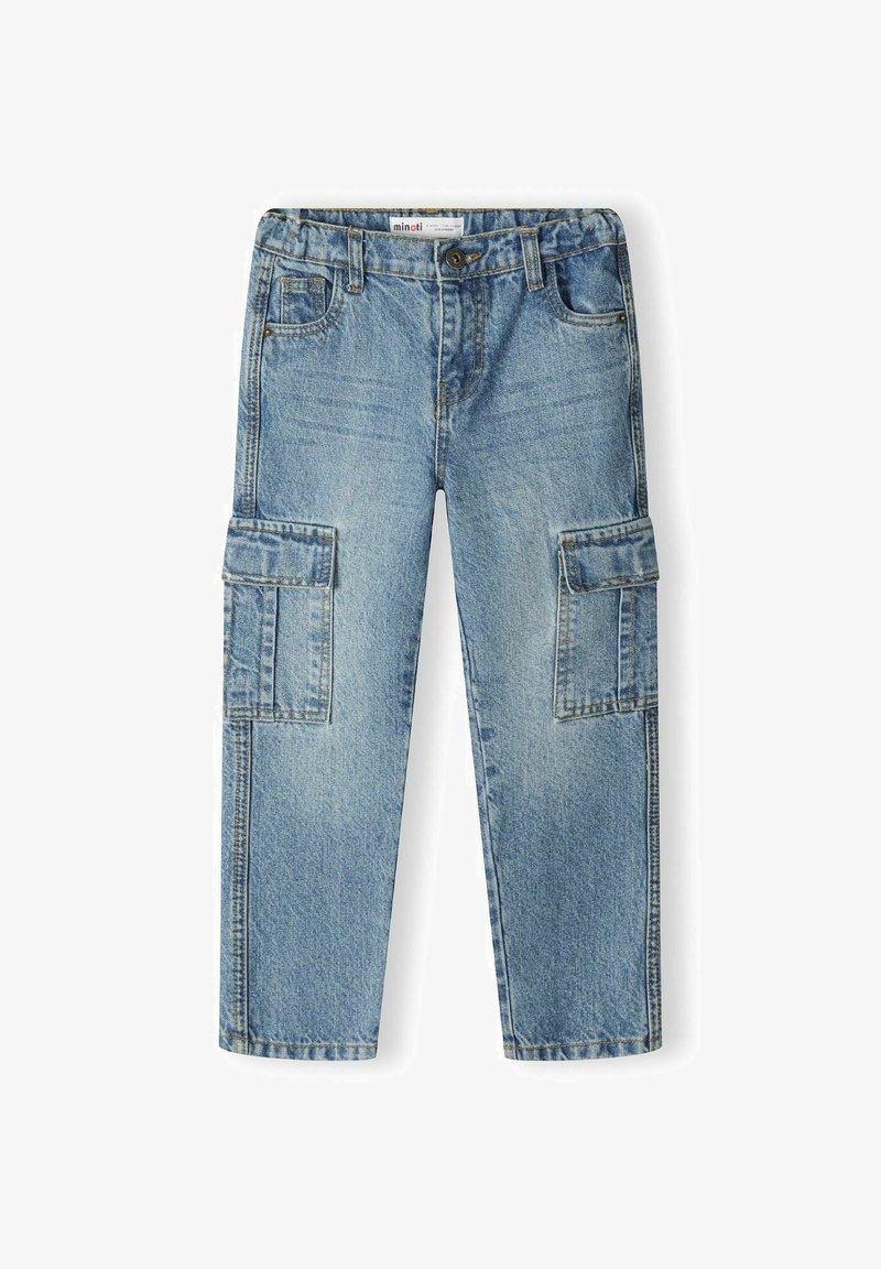 Ljust blå denim cargo-byxor med två sidfickor, knappstängning och raka ben. Sliten look med bleka områden.