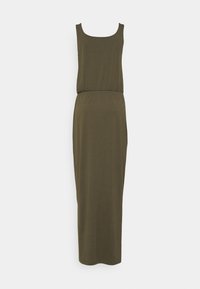 Robe maxi sans manches vert olive avec un décolleté en U et une taille élastique. Fabriquée en tissu doux et léger avec une texture lisse.